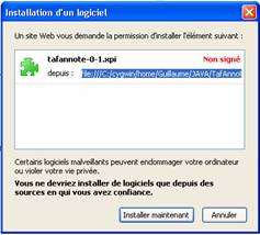 The install window for an XPI file on Firefox